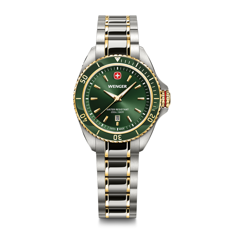 Montre Wenger avec cadran vert, détails dorés, résistance à l'eau.