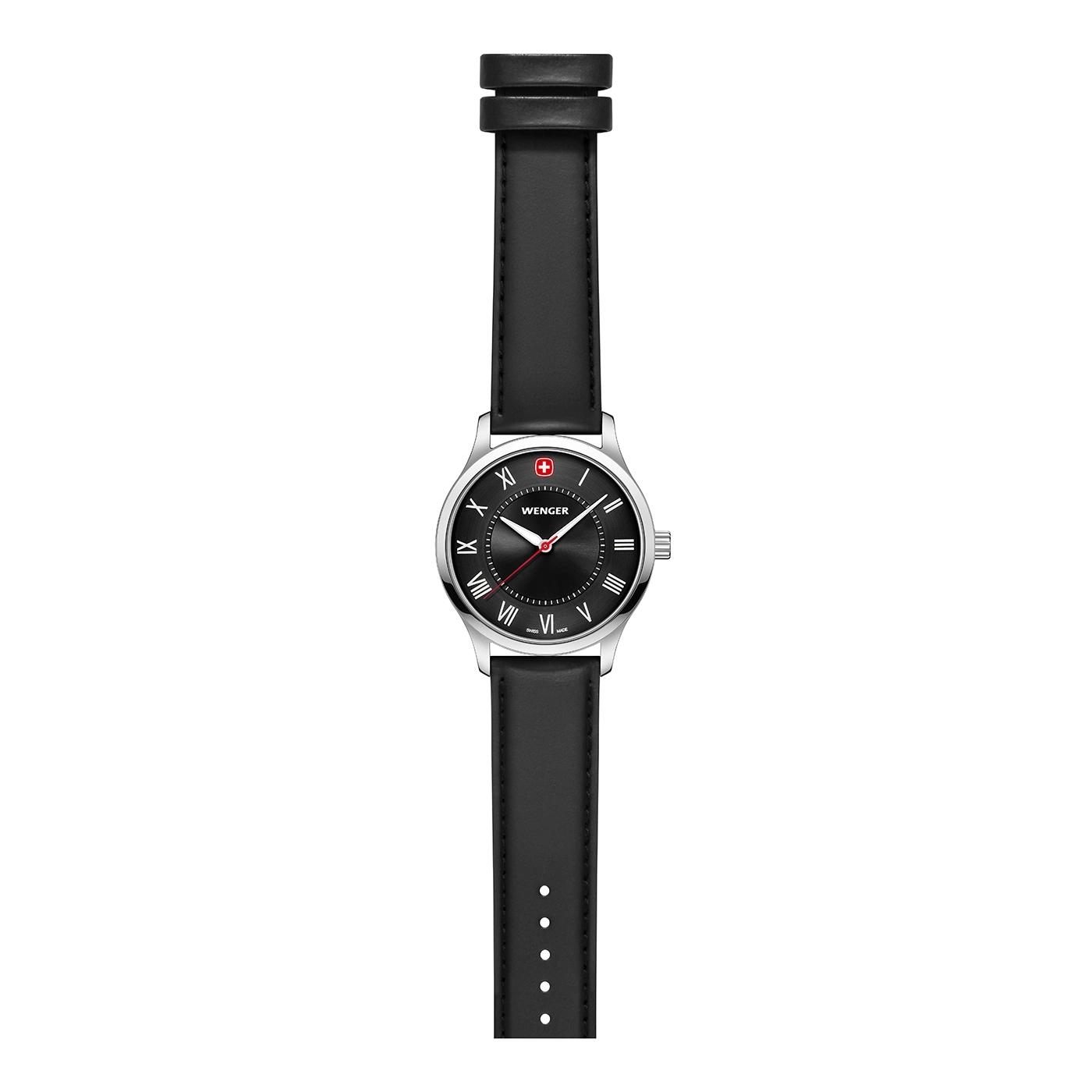 Wenger Uhr mit schwarzem Zifferblatt und Lederarmband, elegant.