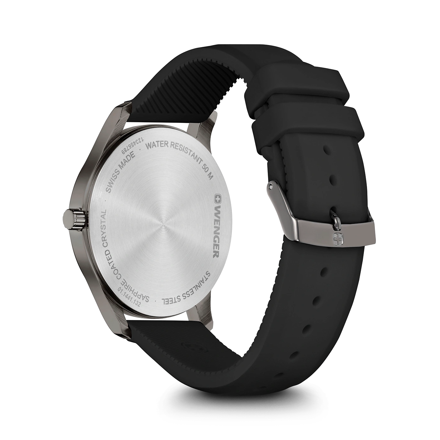 Wenger Uhr, Rückseite, Edelstahl, wasserdicht, schwarzes Armband, Detailaufnahme.