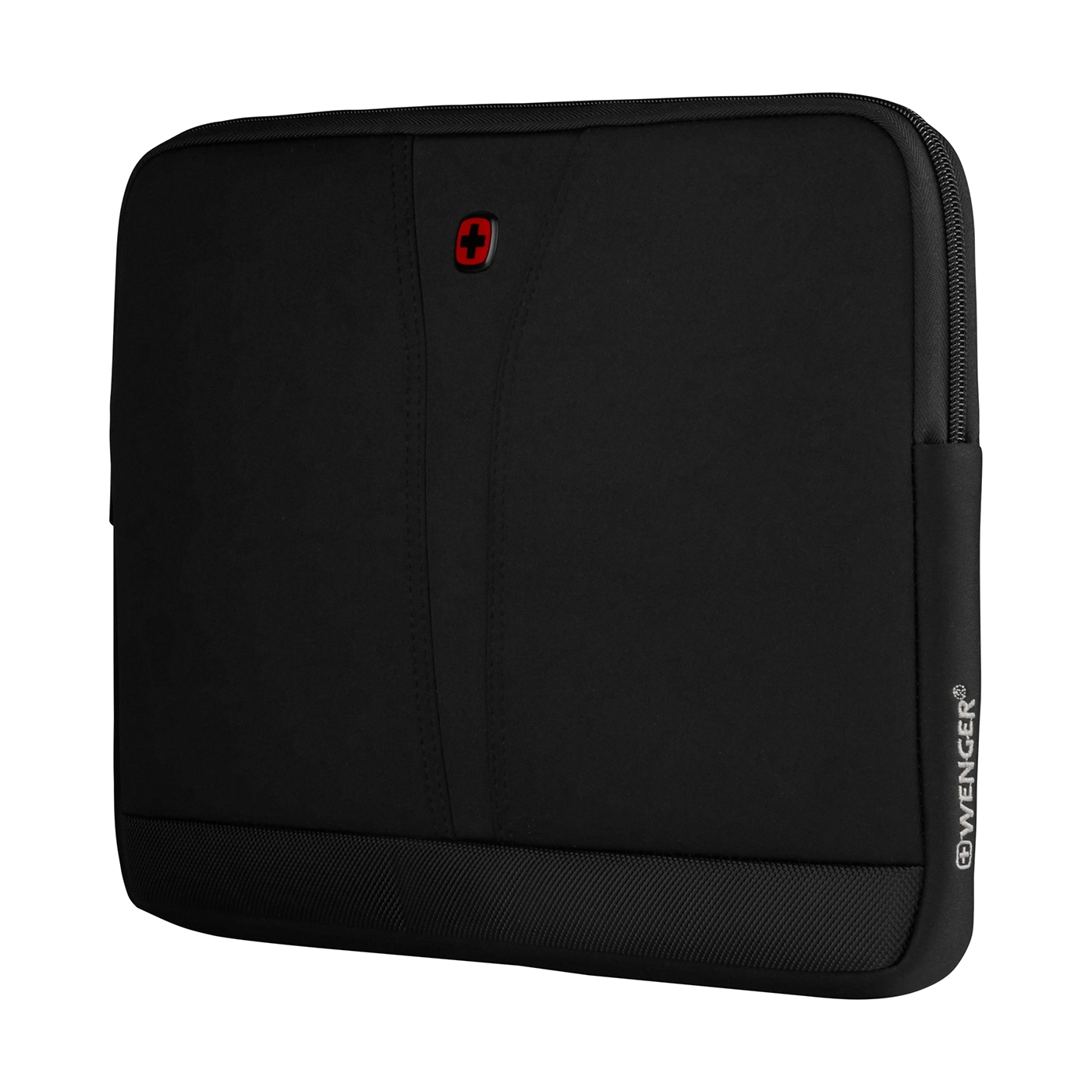 Black laptop sleeve with red logo and zipper by Wenger brand.