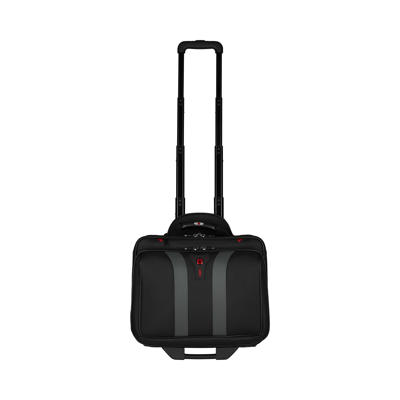 Schwarze Laptop-Tasche mit Rollen und ausziehbarem Griff auf schwarzem Hintergrund.