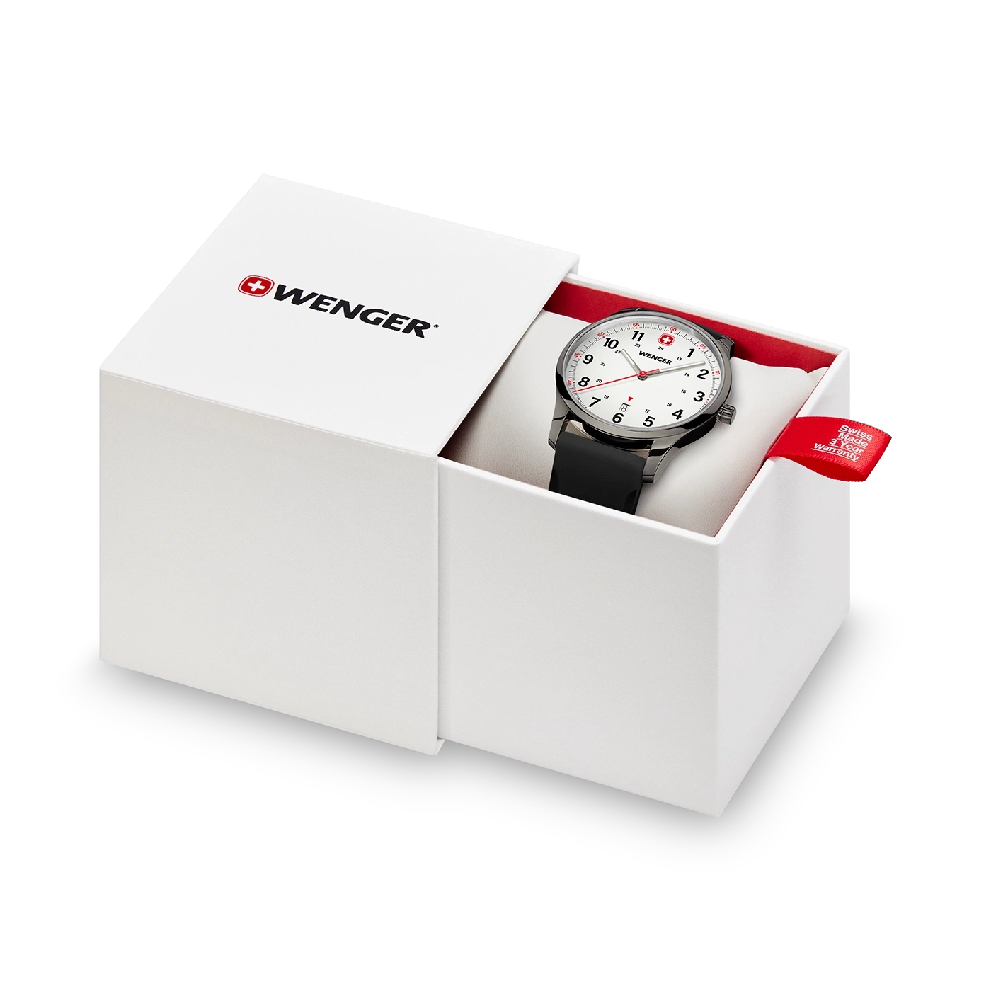 Uhr in einer Box. Weißes Zifferblatt, schwarzes Armband, Wenger-Logo.