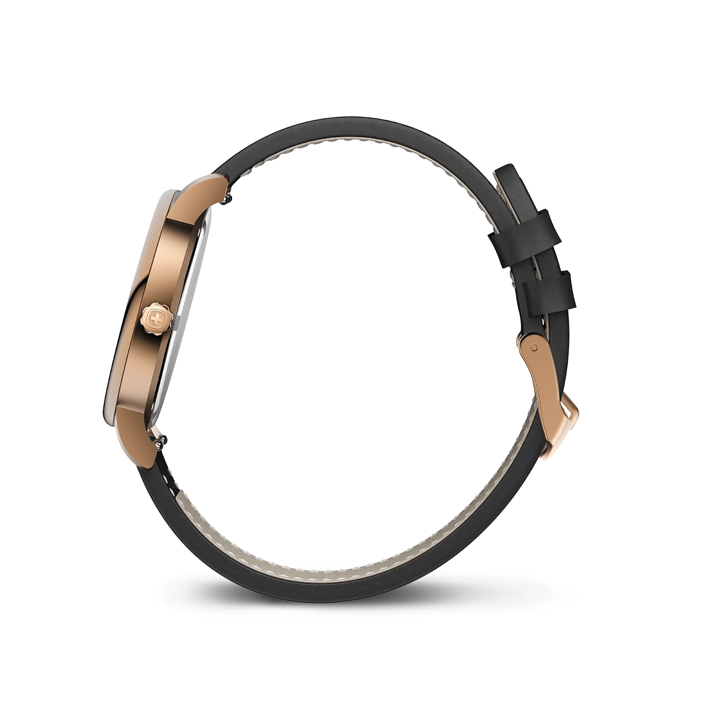 Black leather watch with rose gold case
