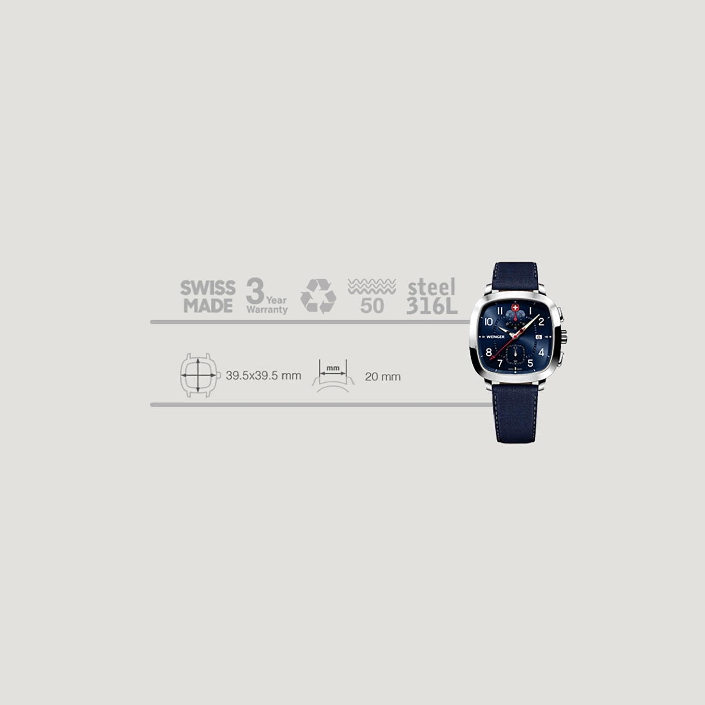 Swiss watch with blue dial, steel, 3 year warranty, 39.5x39.5mm case.