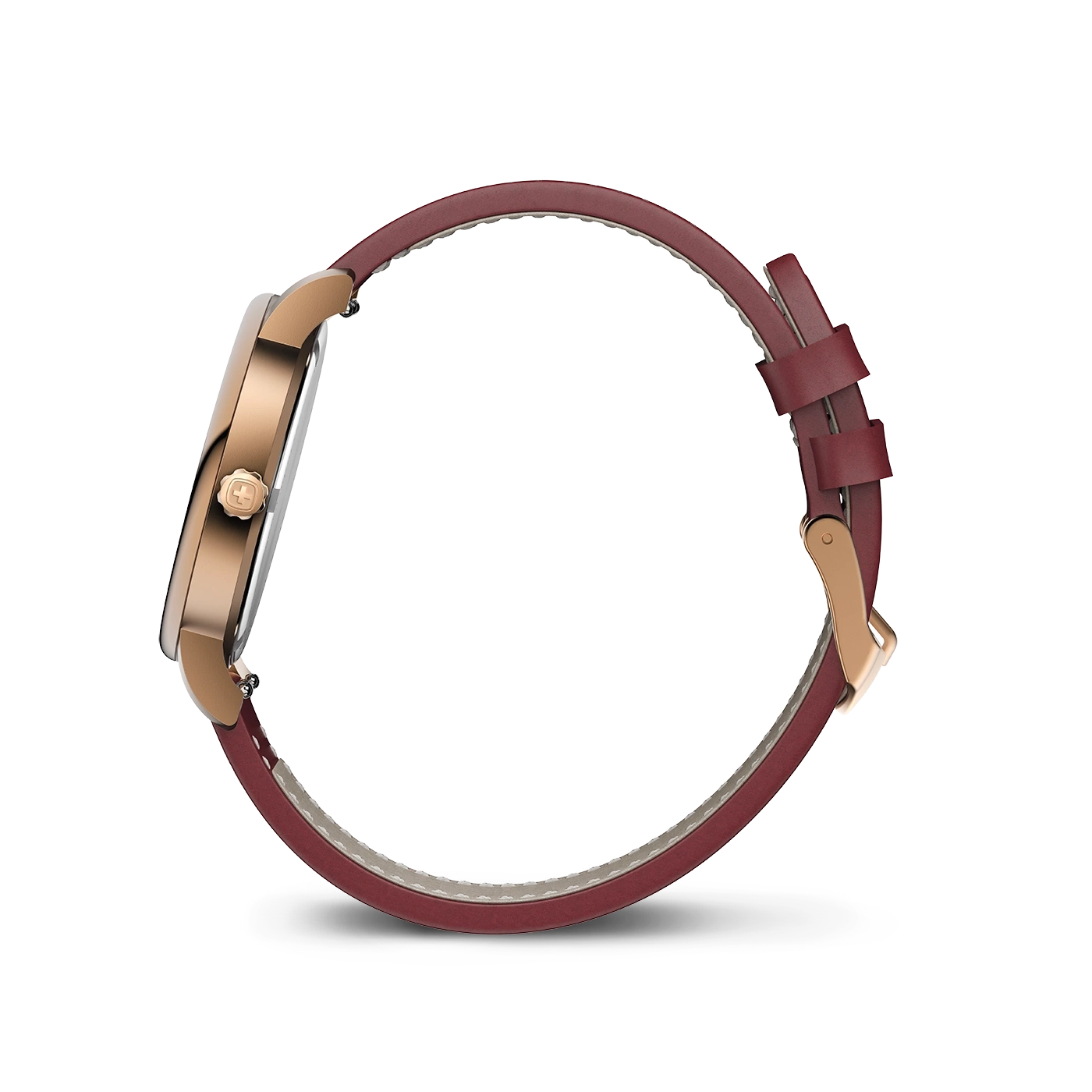 Ein roségoldfarbenes Gehäuse mit einem roten Lederarmband, das seitlich gezeigt wird.