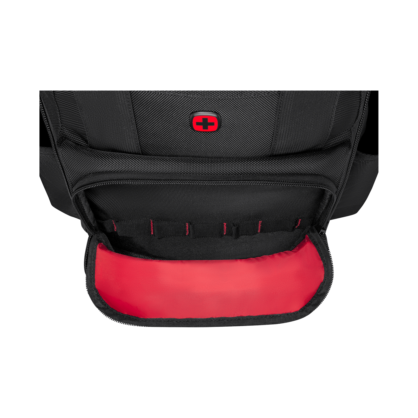 Un sac à dos noir avec un logo de croix rouge et un compartiment ouvert