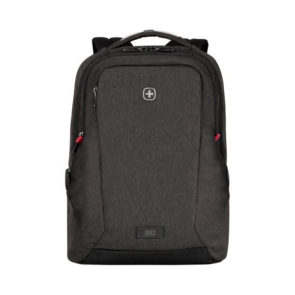 Dark gray backpack with Swiss cross logo, zippers, and the year 1893