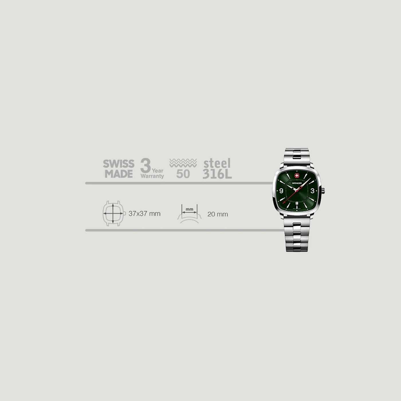 Swiss watch, steel, 3-year warranty, 37x37mm case, green dial, 20mm strap.