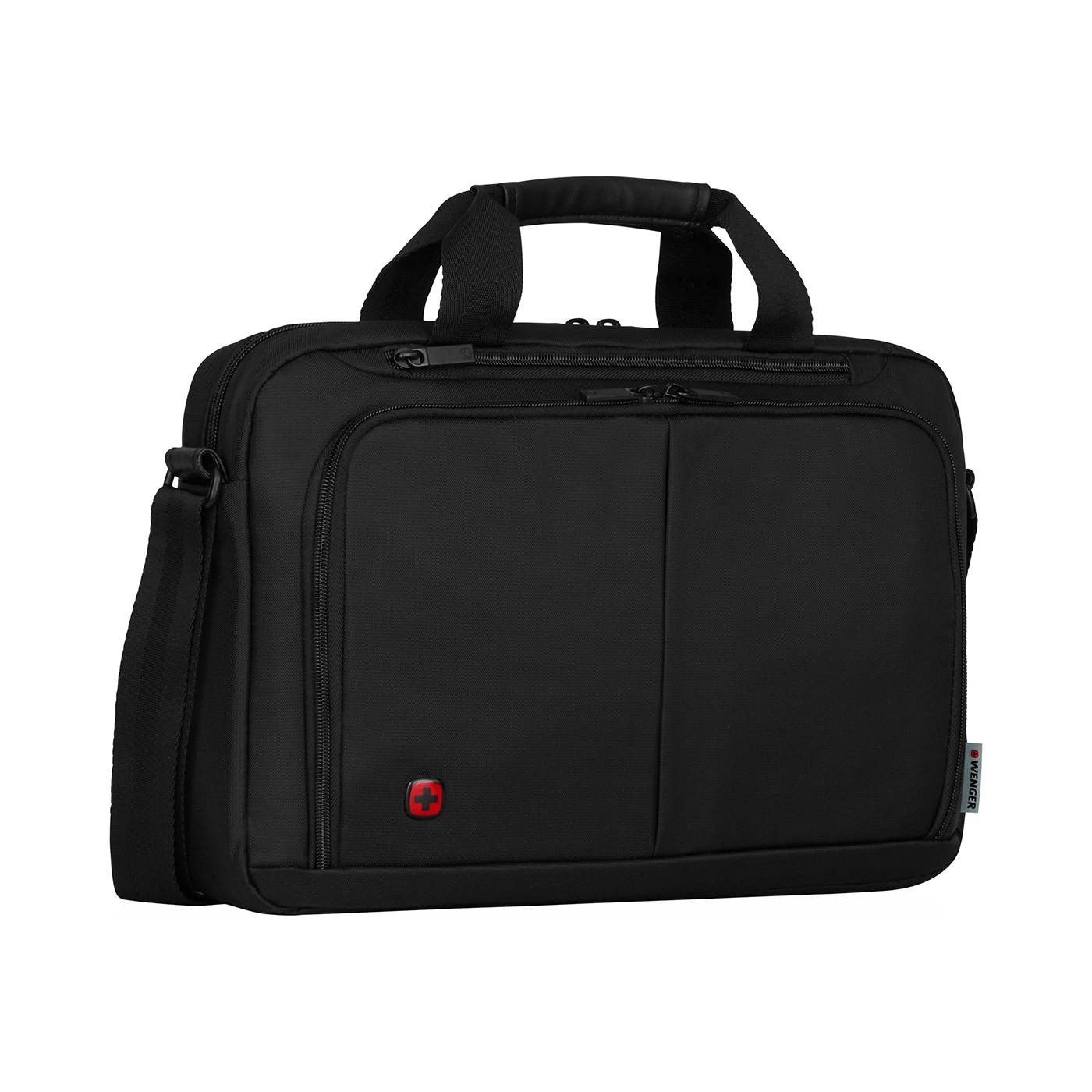 Black briefcase with handle and shoulder strap, Wenger logo on the side.