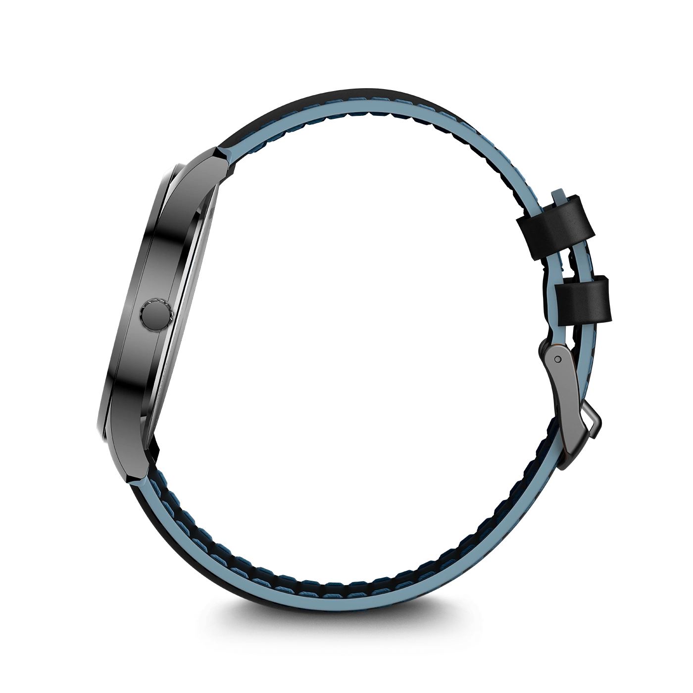 Un bracelet de montre sombre et élégant avec des accents bleu clair.