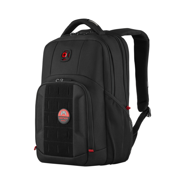 Schwarzer Rucksack mit rotem Akzent und Gamer-Logo, perfekt für Spiele.