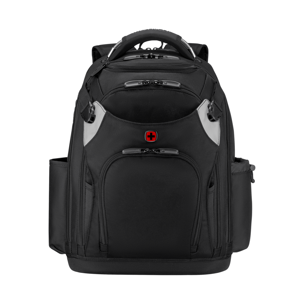 Black backpack with red cross logo and practical side pockets.