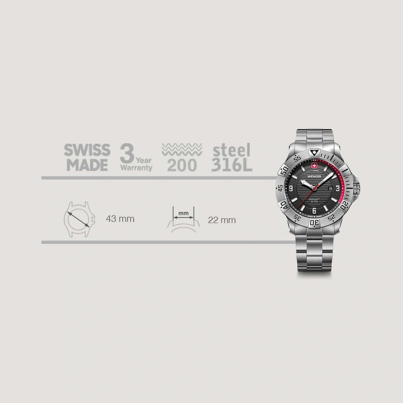 Wenger Uhr, Swiss Made, 43mm, 200m wasserdicht, Stahl, 3 Jahre Garantie.