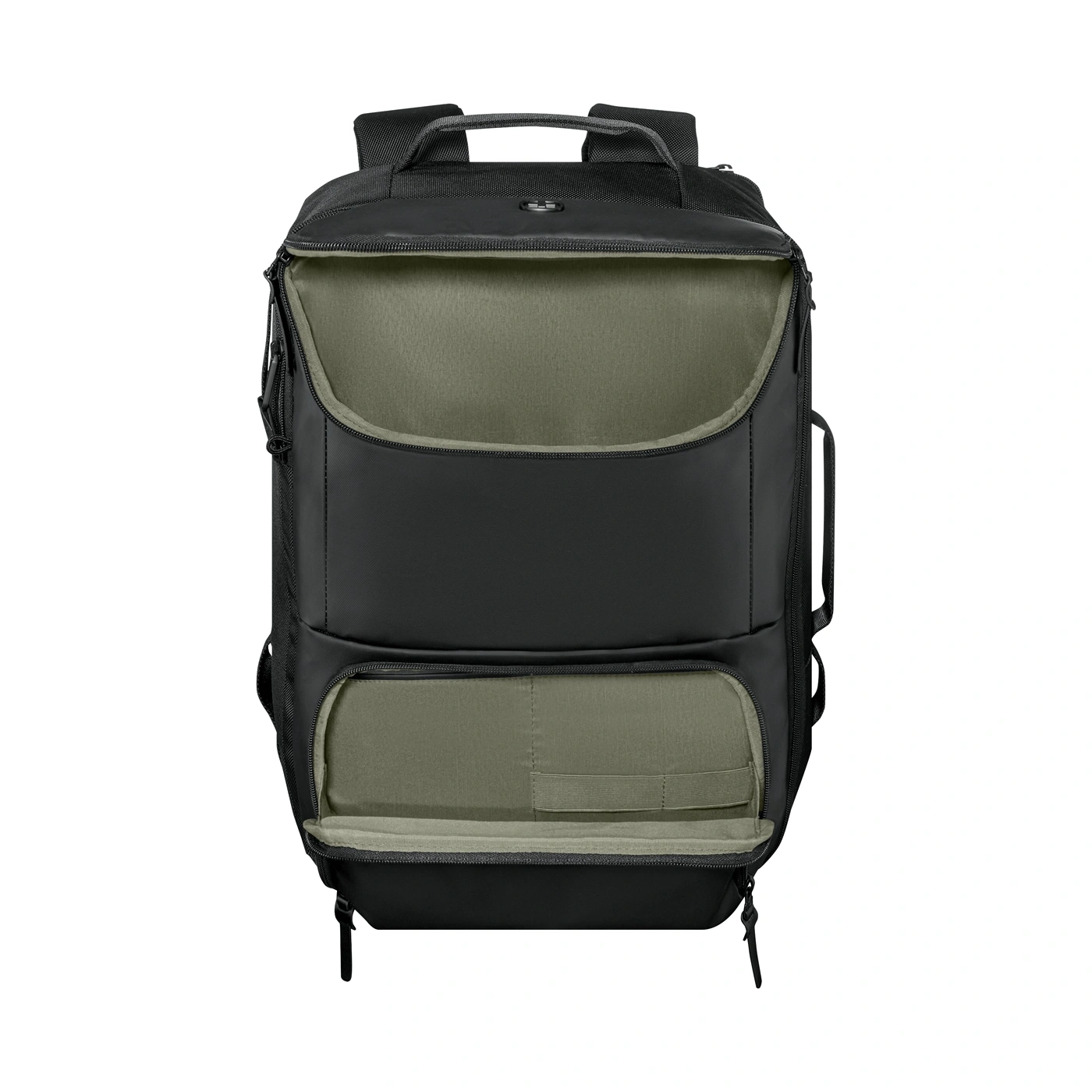 Ein schwarzer Rucksack mit offenen Fächern und Innenfutter.