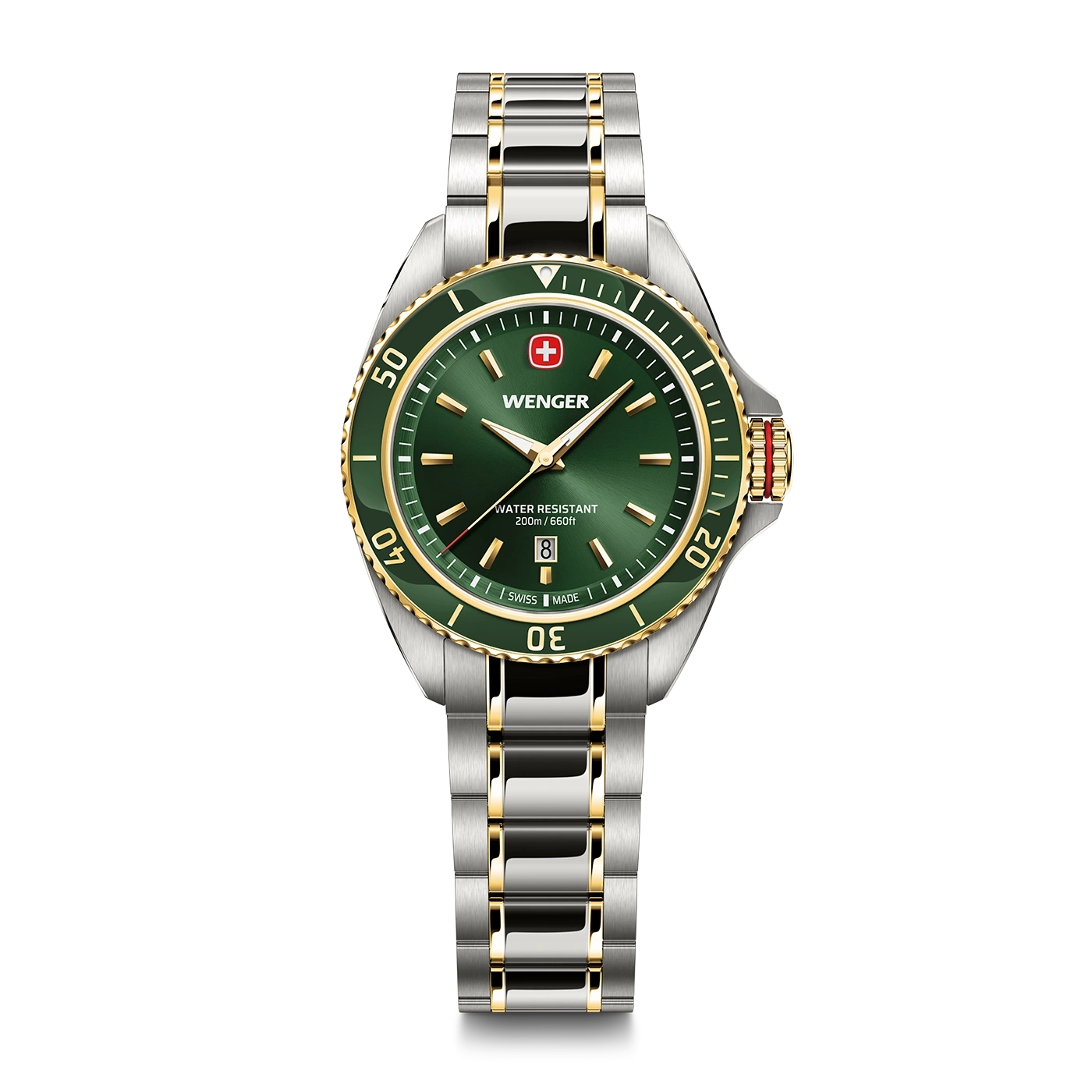 Damenuhr gold-grün Ø 34 mm Elegante Quarzuhr, hergestellt in der Schweiz