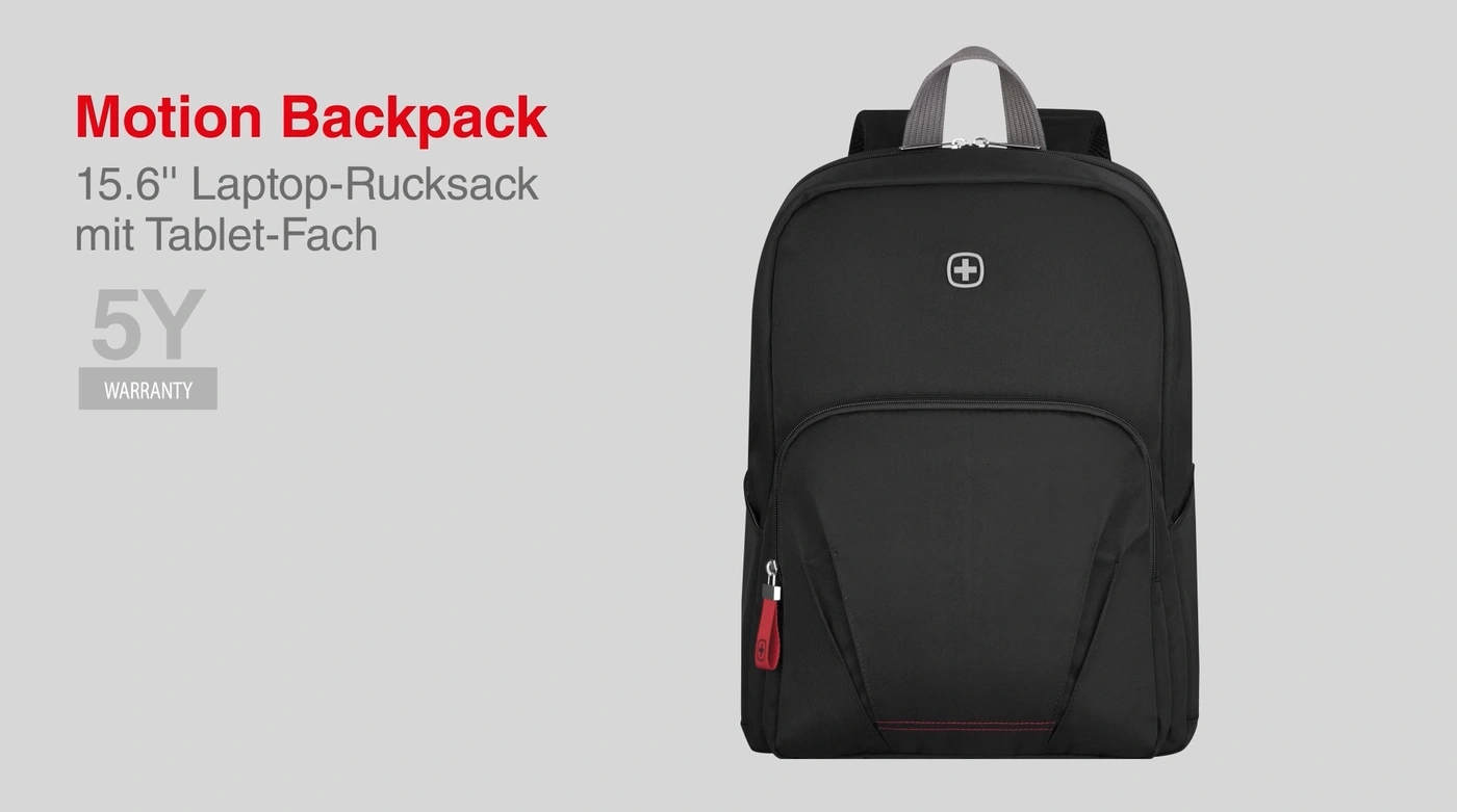 Schwarzer Rucksack mit roter Naht und 5 Jahren Garantie, Laptop-Fach