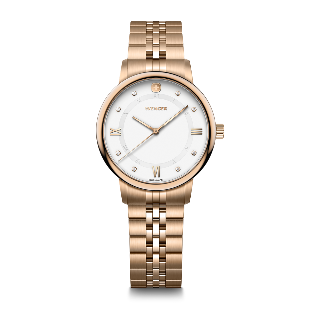 An elegant rose gold Wenger women's watch with a white dial and Roman numerals.