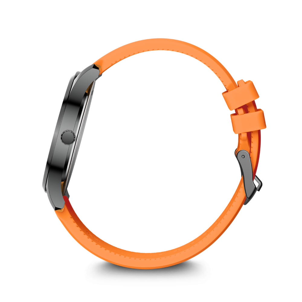 Eine Smartwatch mit einem orangefarbenen Armband, von der Seite gesehen.