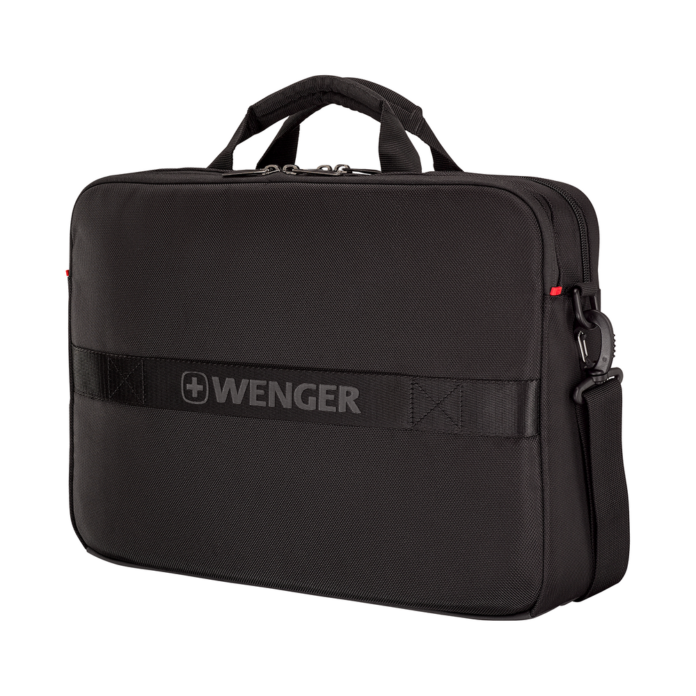 Schwarze Laptoptasche mit Griff und Schultergurt, Wenger-Logo.