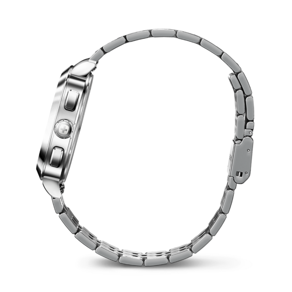 Silberne Uhr mit Armband, Seitenansicht, Detailaufnahme, glänzend, elegant