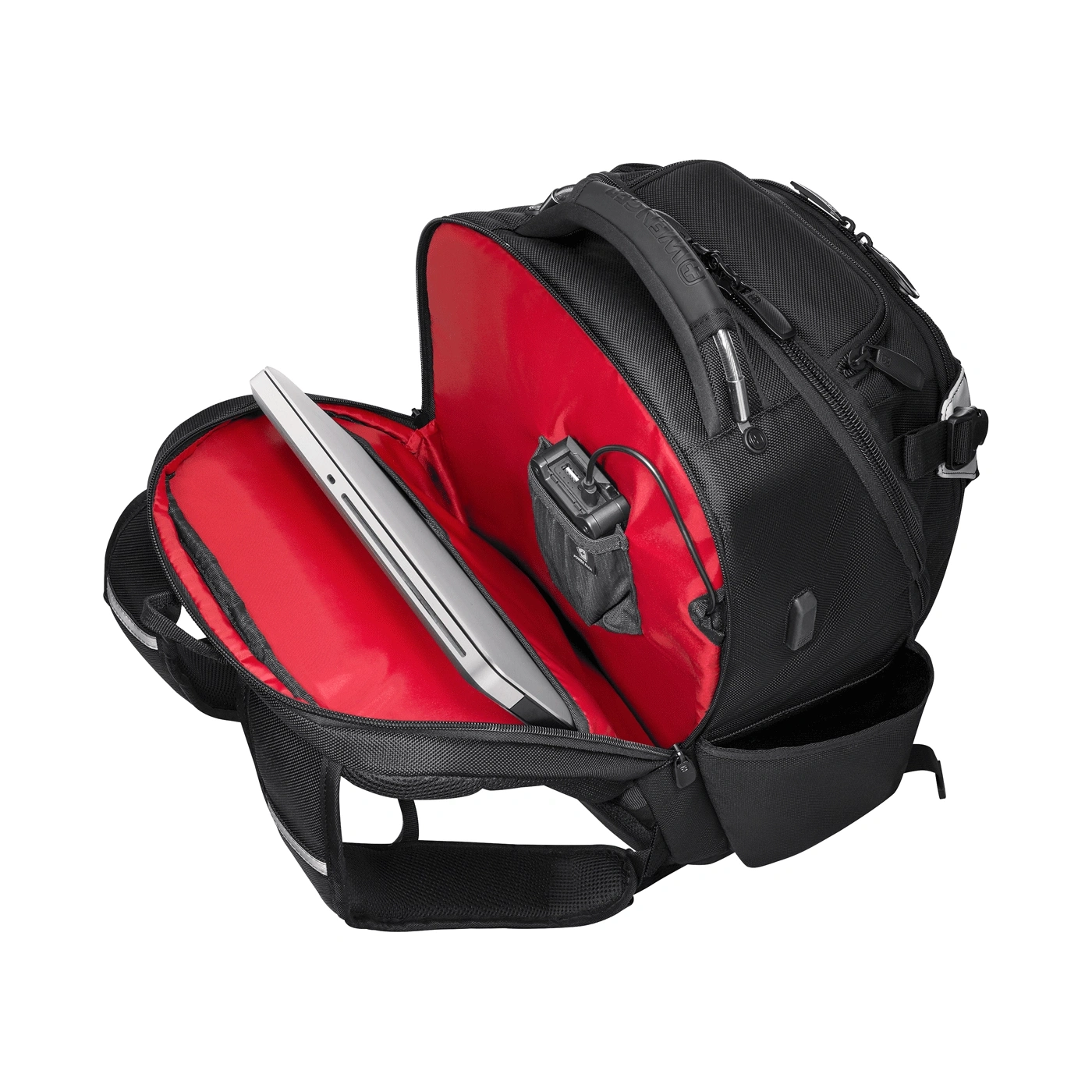 Ein offener schwarzer Rucksack mit Laptop und Ladegerät im Inneren.