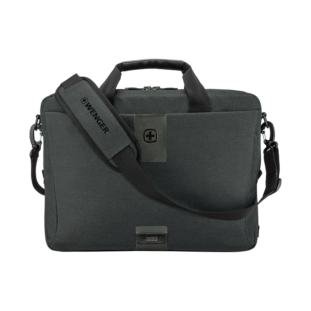 Dunkelgraue Aktentasche mit Schultergurt und Logo von Wenger, 1893