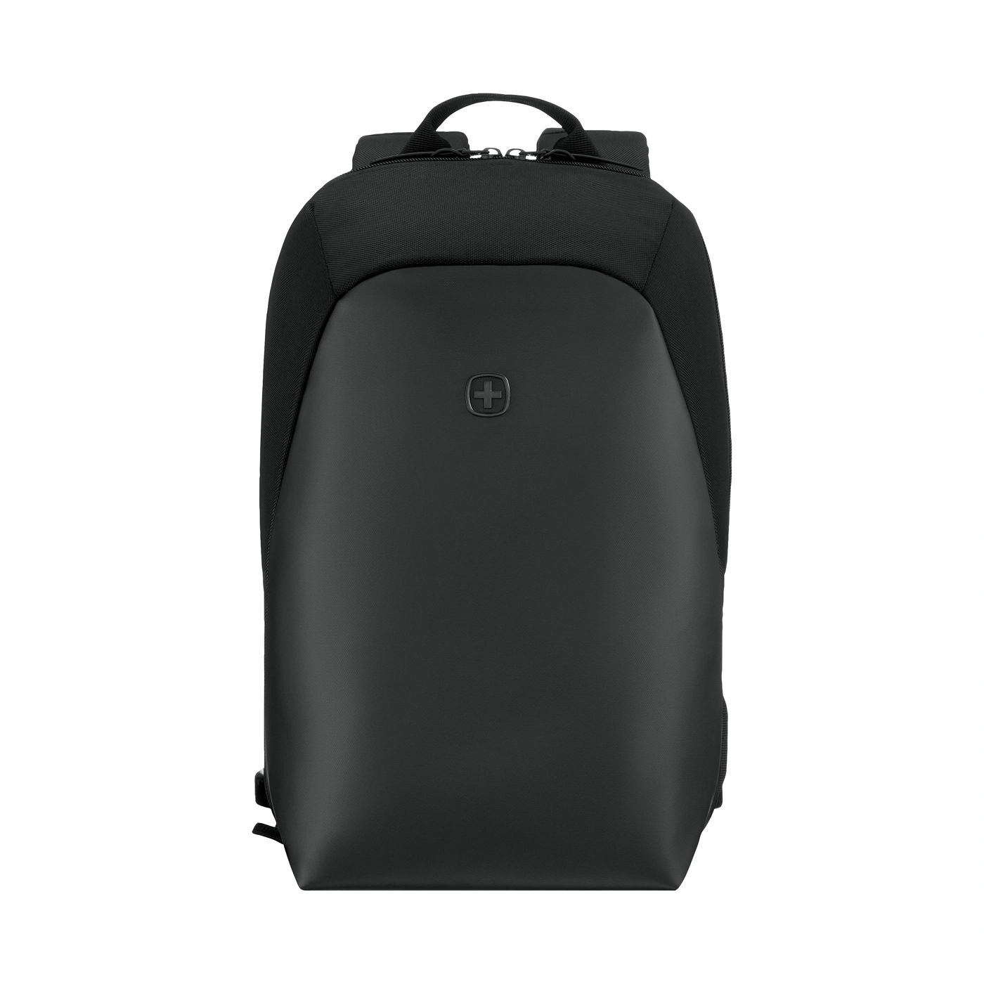A black backpack with a silver cross logo on the front.