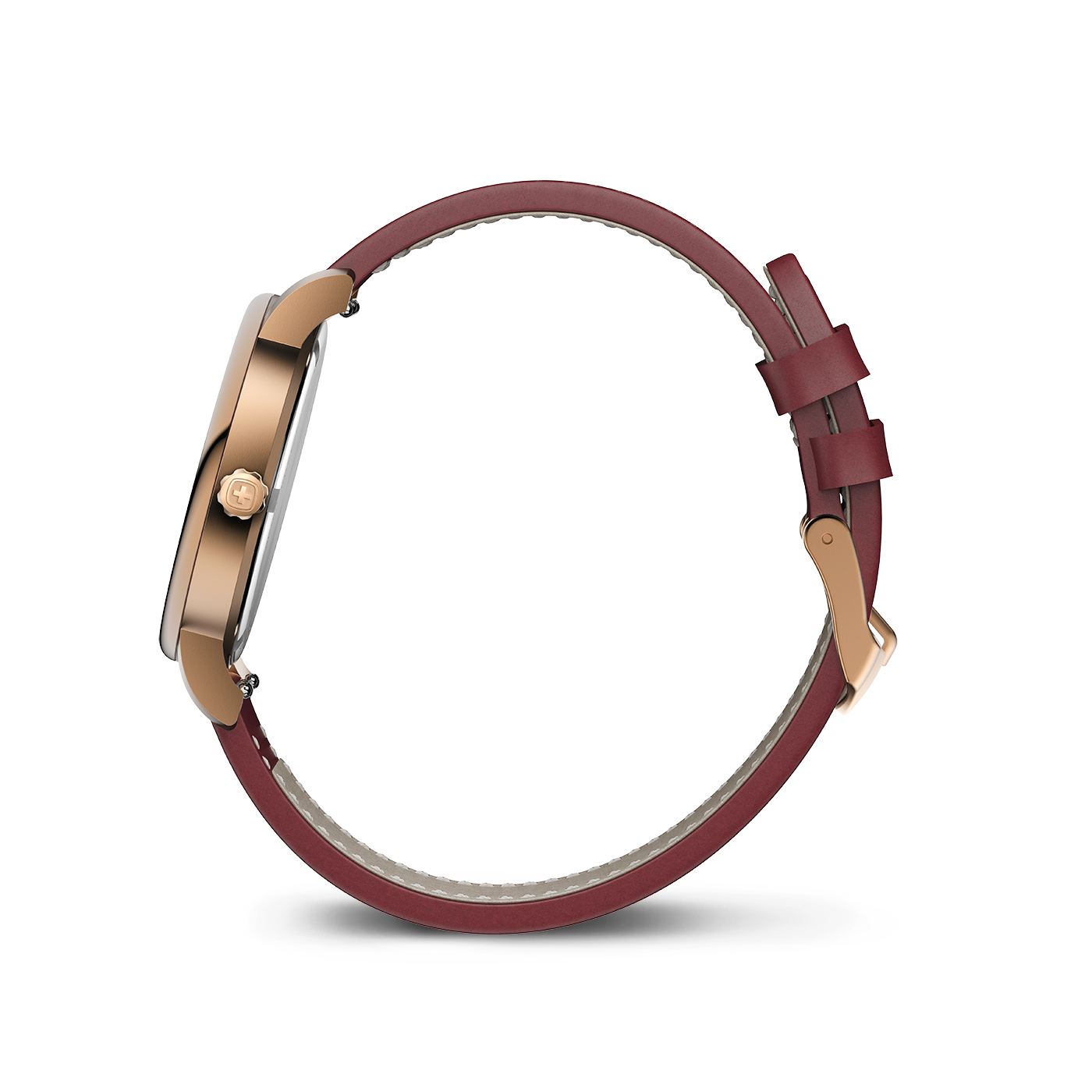 Une montre en or rose avec un bracelet en cuir rouge vue de côté.