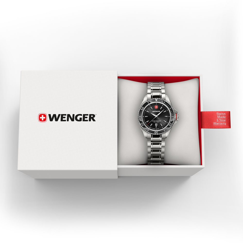 Wenger wristwatch in an open gift box with warranty tag
