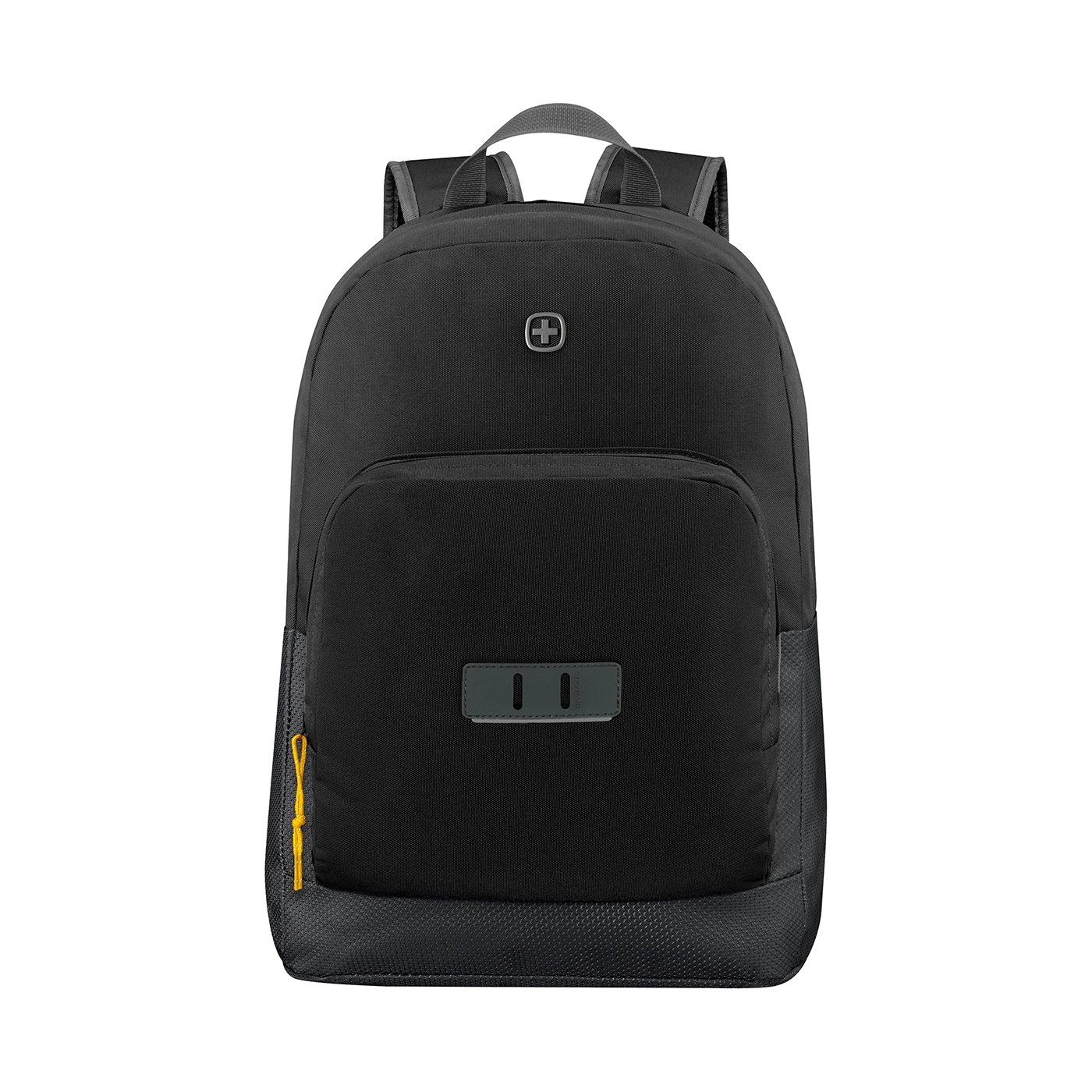 Black backpack with yellow zipper and logo on a black background, modern design.