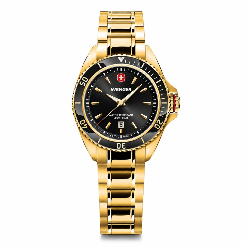 Damenuhr gold-schwarz Ø 34 mm Elegante Quarzuhr, hergestellt in der Schweiz