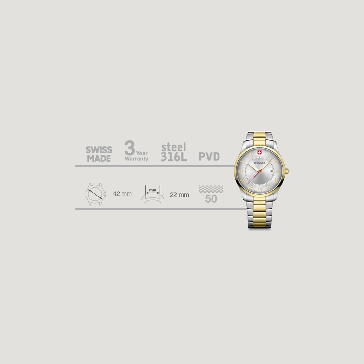 Wenger Uhr, Swiss Made, 3 Jahre Garantie, Stahl 316L PVD, 42mm, 22mm, 50m wasserdicht.