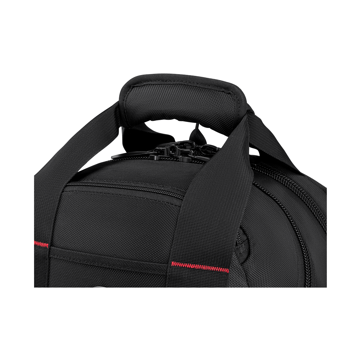 Gros plan d'un sac noir avec des accents rouges et des fermetures éclair