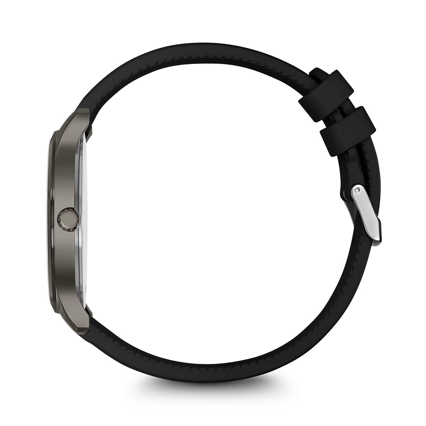 Side view of a watch with a black strap isolated on a black background