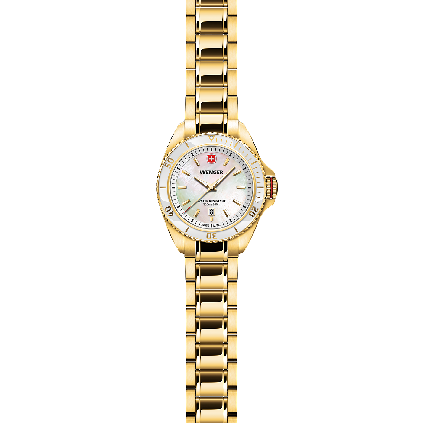 Goldene Wenger-Armbanduhr mit Perlmuttzifferblatt und Datumsanzeige