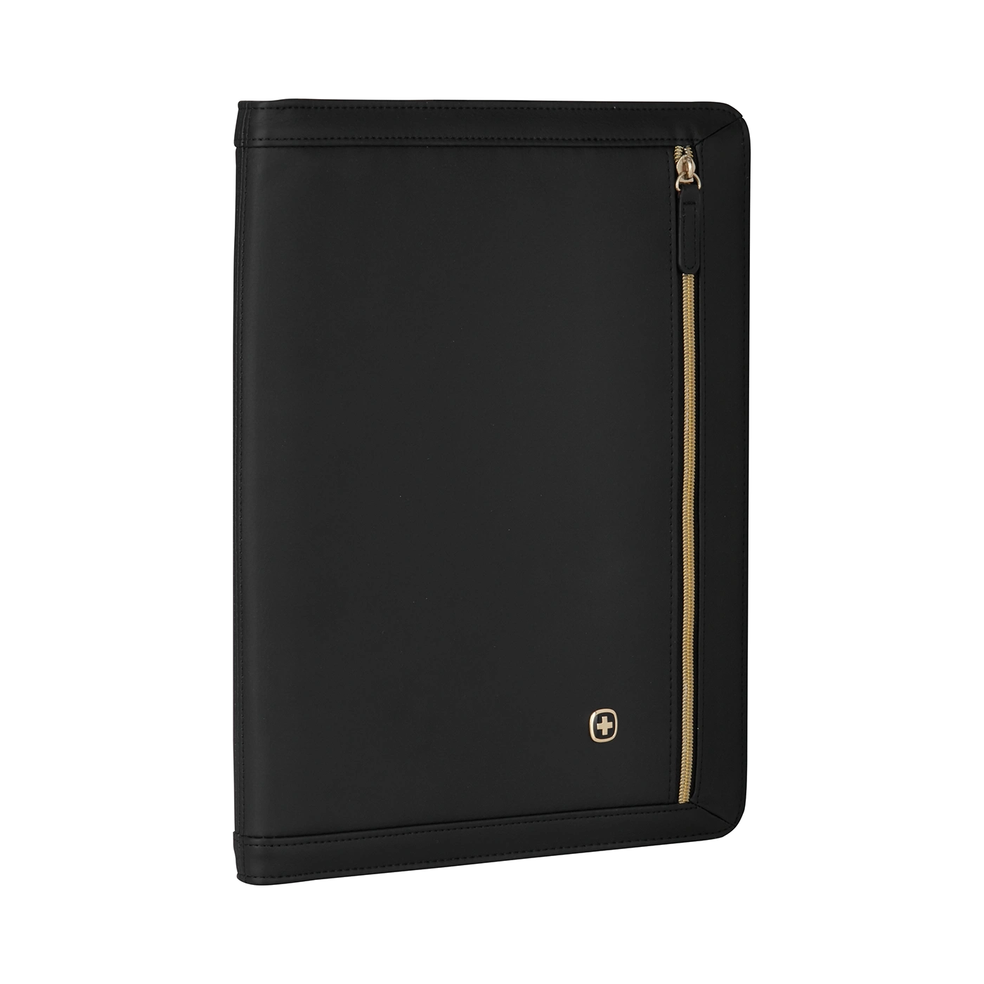 Black leather portfolio with zipper and gold logo, business accessory