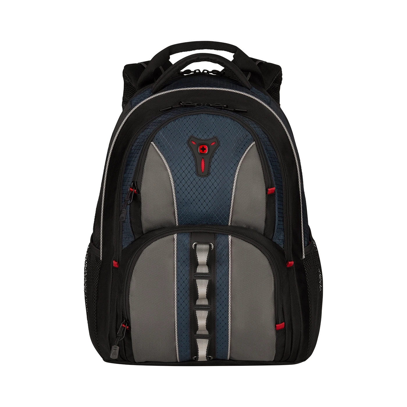 Blue backpack with red accents and zippers on a black background, perfect for travel.