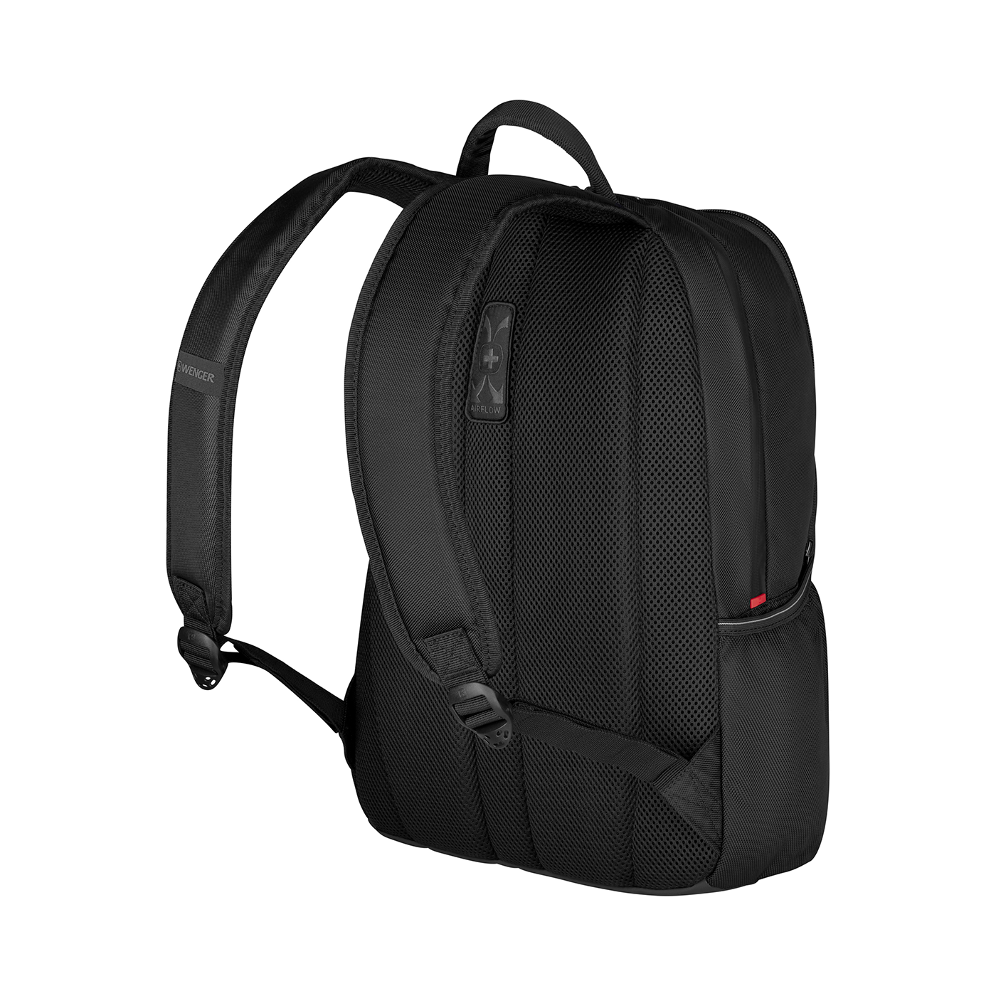 Schwarzer Rucksack mit Airflow-System, Wenger-Marke, Detailansicht, isoliert auf Schwarz