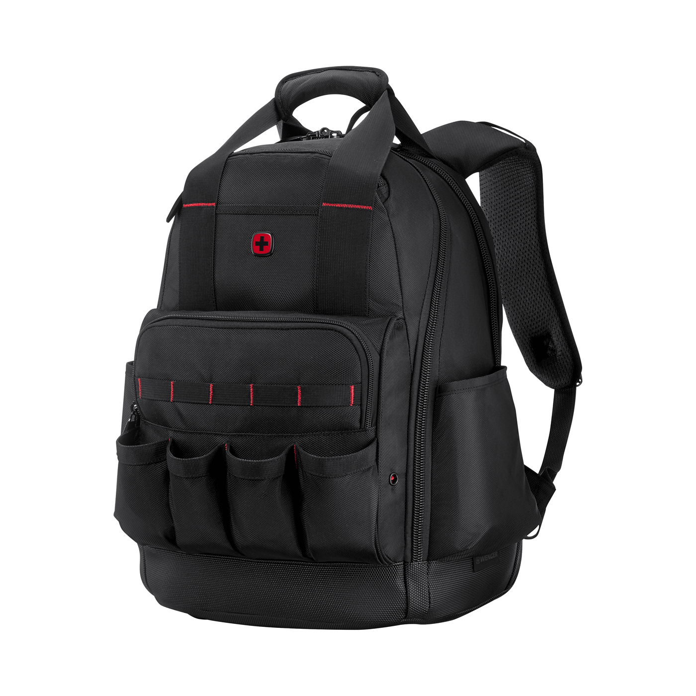Schwarzer Rucksack mit roten Akzenten und Werkzeugtaschen. Tragegriff oben und Schultergurte sichtbar.