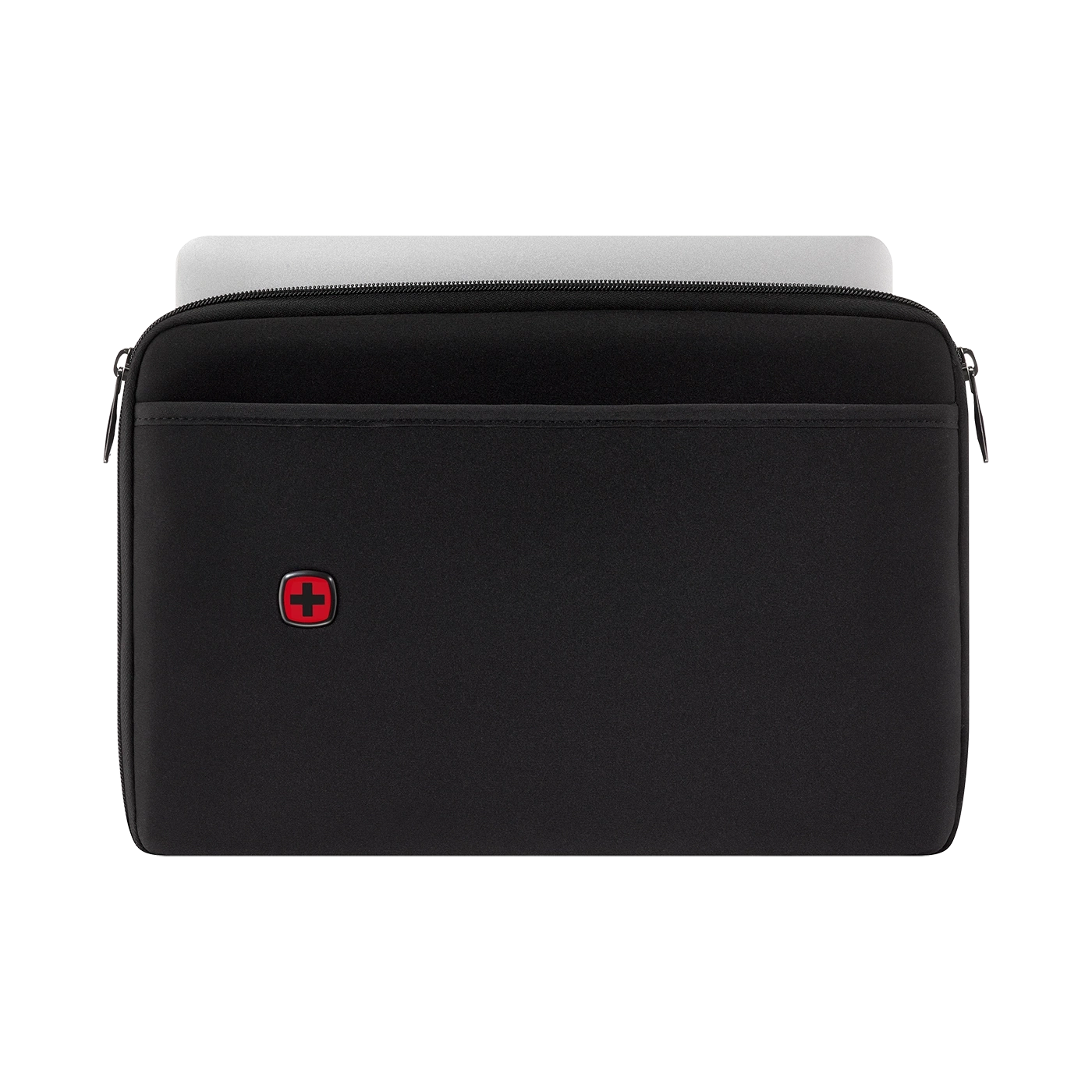 Schwarze Laptoptasche mit Reißverschluss und rotem Logo, Laptop im Inneren.