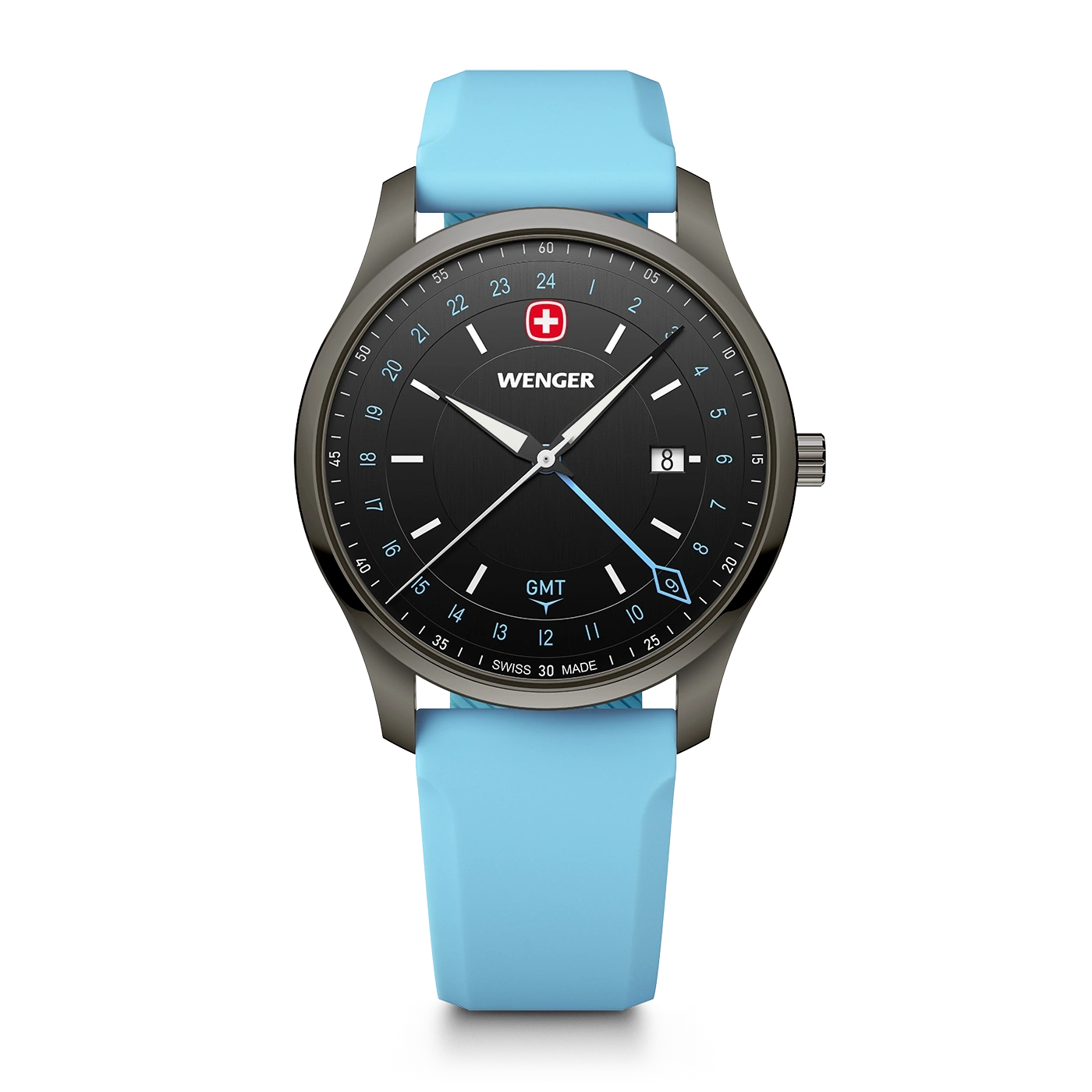 Herrenuhr schwarz-blau Ø 42 mm Quarzuhr mit GMT-Funktion, hergestellt in der Schweiz