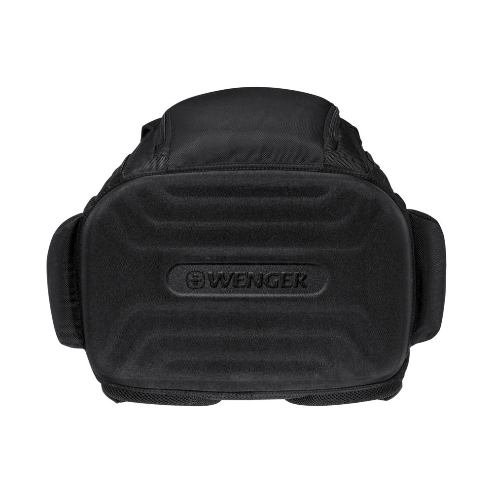 Black Wenger backpack from above, with padded front and side pockets.
