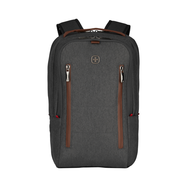 Dunkelgrauer Rucksack mit braunen Reißverschlüssen und Logo auf schwarzem Hintergrund.