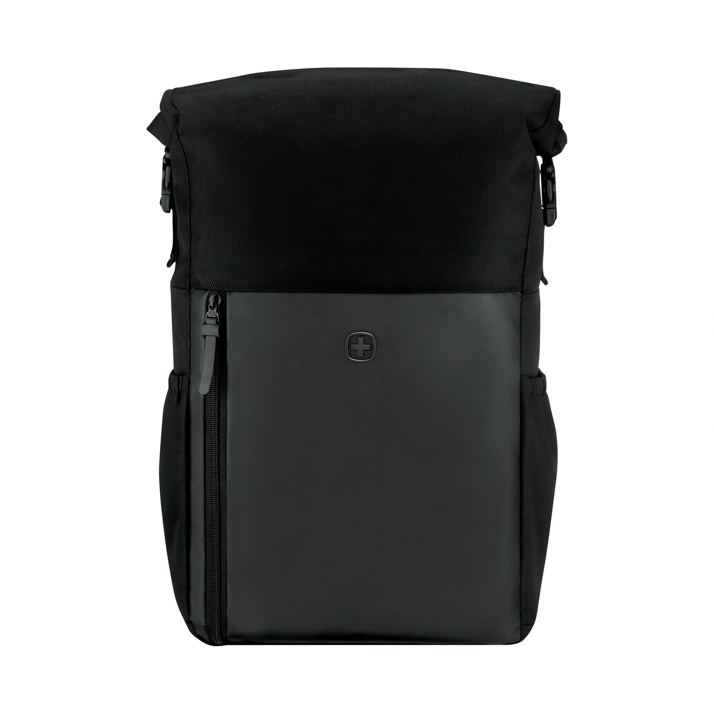 Black backpack with zipper and logo