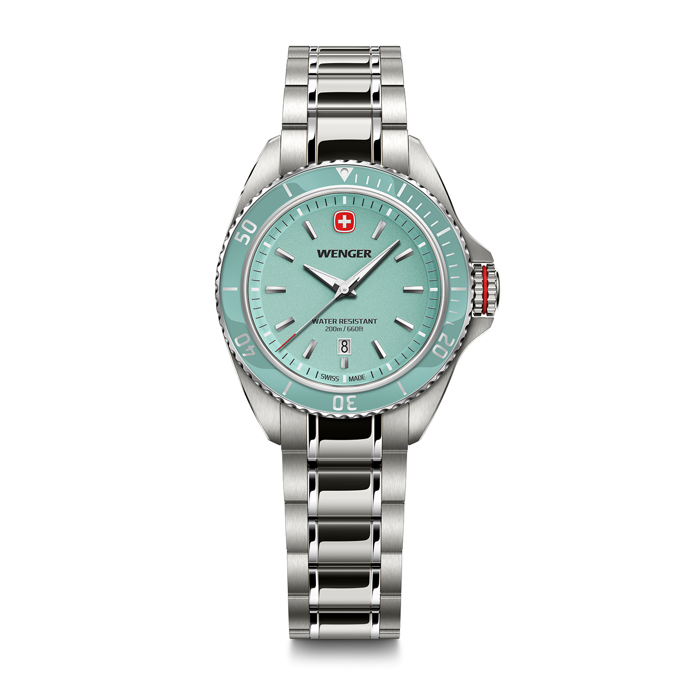 A sleek silver Wenger dive watch with a mint green dial and date window, set against a white background.