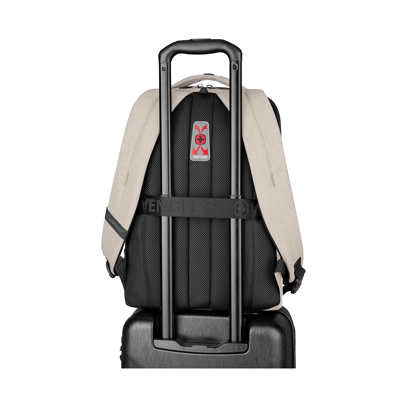 Backpack on rolling suitcase, beige and black, with handle and airflow system