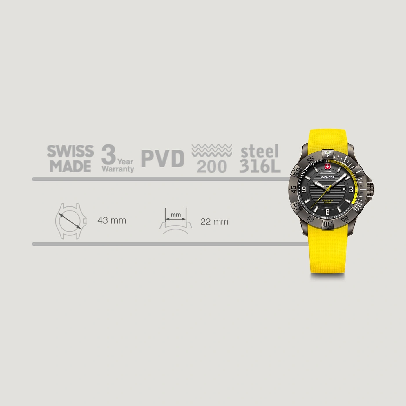 Schweizer Uhr mit gelbem Armband, 43 mm Durchmesser, 22 mm Bandbreite.