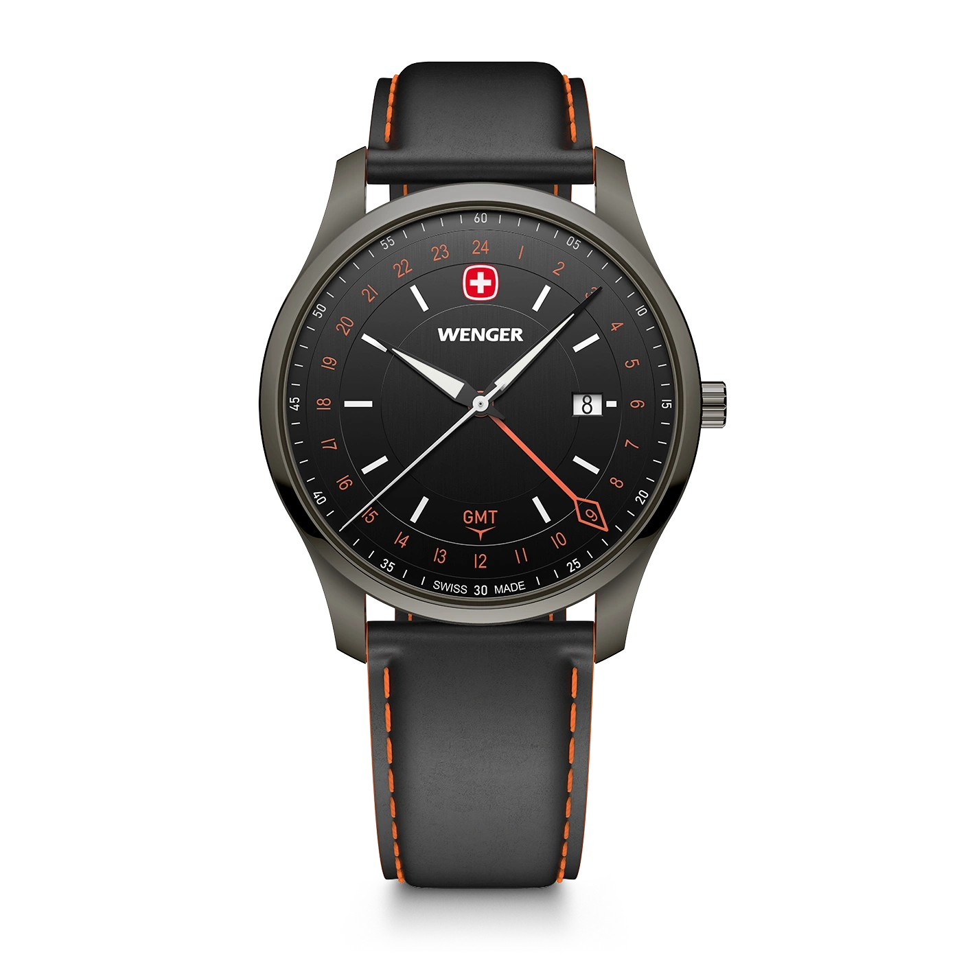 Herrenuhr schwarz-schwarz Ø 42 mm Quarzuhr mit GMT-Funktion, hergestellt in der Schweiz