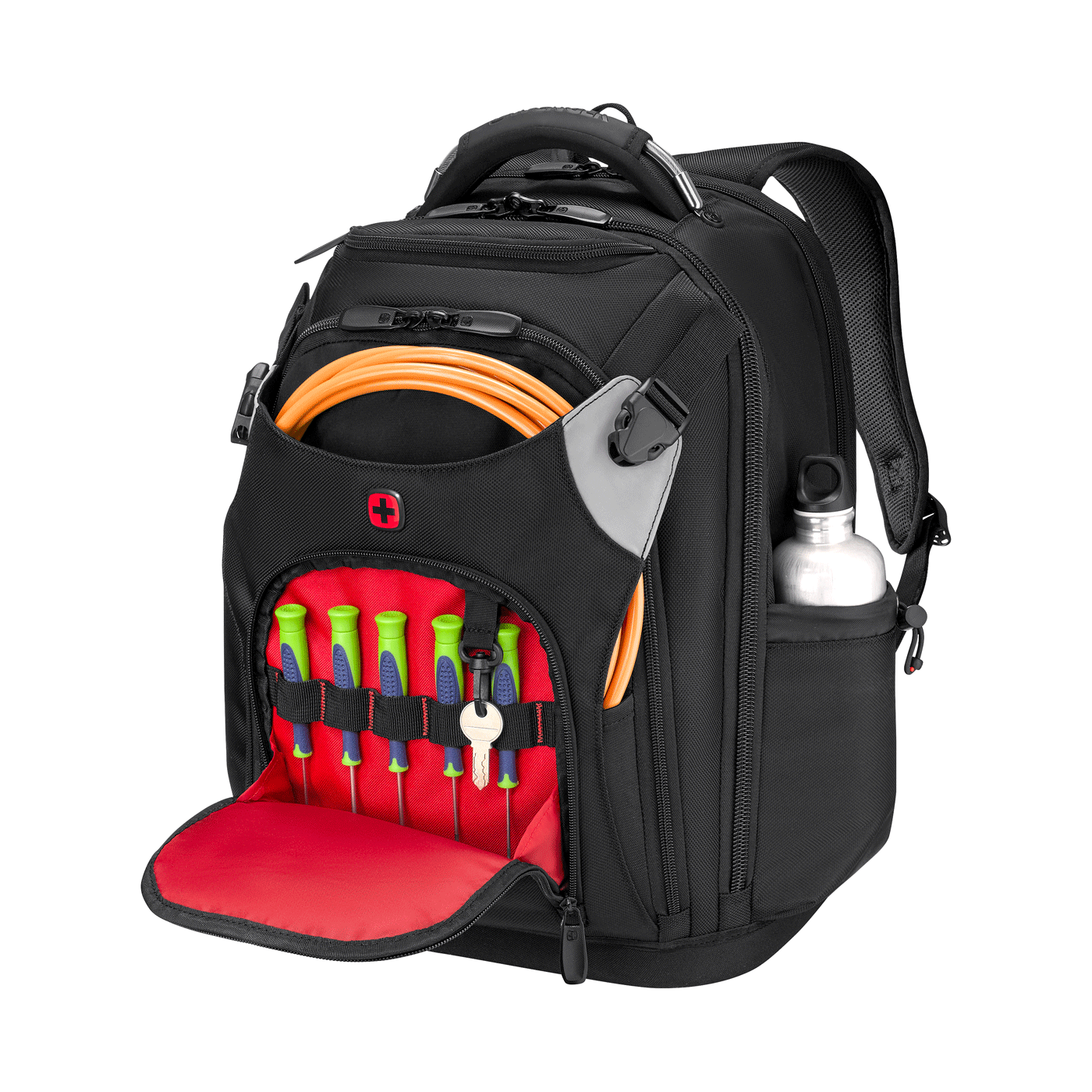Black backpack with tools, key, and water bottle