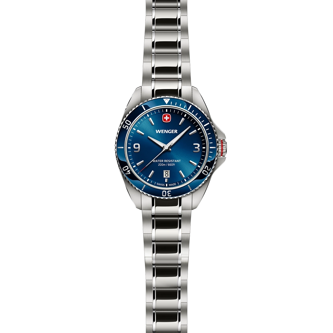 Wenger watch with blue dial and silver strap, water resistant, Swiss made quality